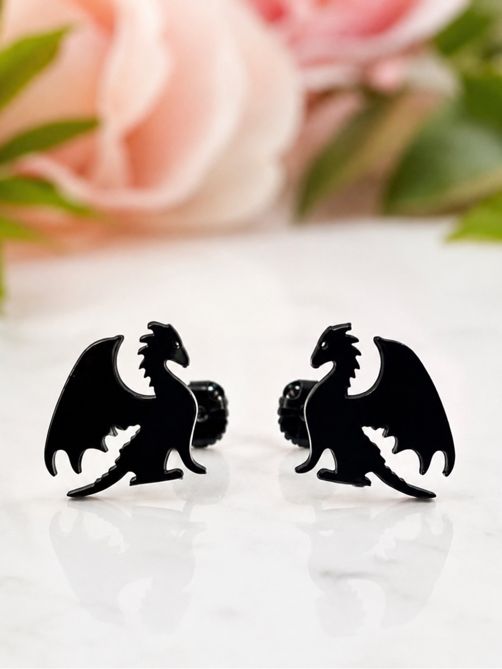 NEW Black Stainless Steel Standing Dragon Silhouette Pierced Earrings
